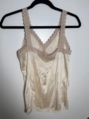 Source Unknown Vintage Silky Lace-Trim Cami Tank - Cream Small Bombshell Hollywood Glamour thumbnail 4