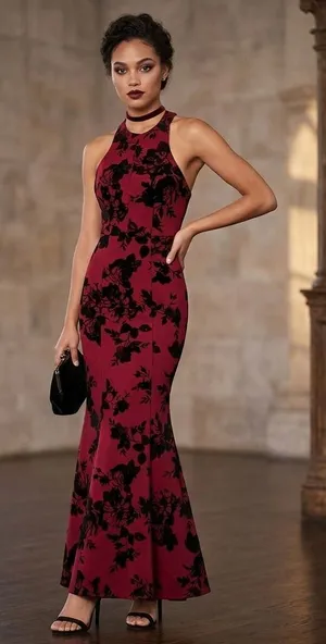 Teeze Me Vintage Red Formal Halter Mermaid Dress Juniors 1 Velvet Floral USA thumbnail 1