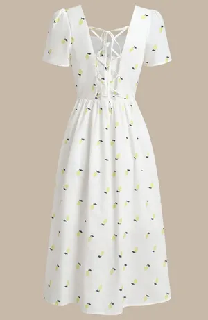 Rihoas White Lemon Fruit Square Neck Midi Dress thumbnail 6