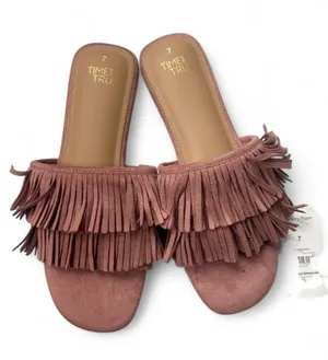 Time and Tru Dusty Rose Suede Fringe‎ Slide Sandals thumbnail 1