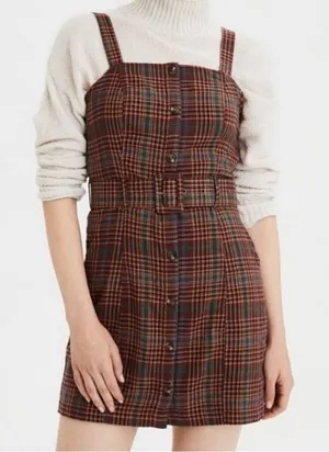 American Eagle Plaid Button Front‎ Mini Dress XS Belted Brown Fall Preppy thumbnail 1