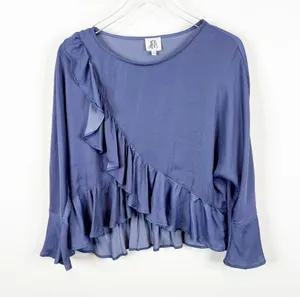 Anthropologie dRA Satin Ruffle Blouse L Blue thumbnail 2