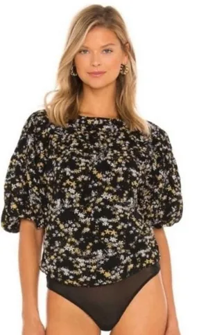 Free People Intimately‎ Bodysuit Floral Puff Sleeve Black Boho Top Womens S thumbnail 1