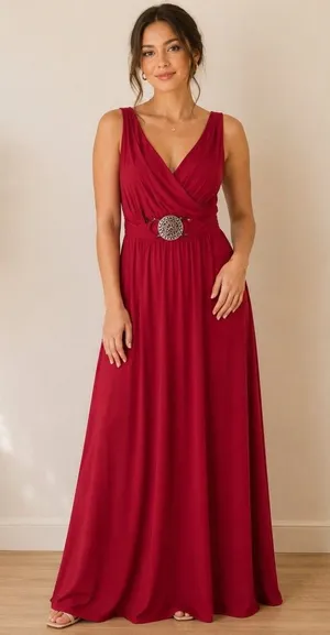 Elegant Red Halter Sleeveless Maxi Dress with Decorative Waist Buckle, NWT thumbnail 1