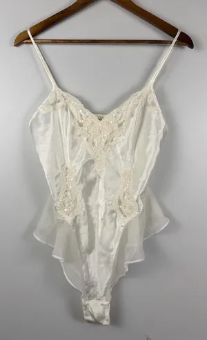Vintage 97 Victoria's Secret Satin Lace Teddy Bodysuit S Ivory Ruffle Lingerie thumbnail 1