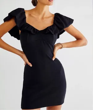 FREE PEOPLE BEACH Talia Puff Sleeve Mini Dress Size Medium Ribbed Black‎ thumbnail 1