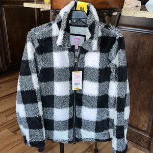 Sherpa Cozy Jacket Fluffy Zip Black White Buffalo Checkerboard Comfy Womens M thumbnail 6