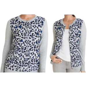 Chico's Grey Blue Leopard‎ Print Mixed Media Button Front Cardigan Sweater M thumbnail 10