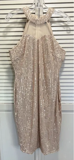 SHEIN Champagne Sequin Halter Sheer Chest Size 12 Back Zip Lined Party thumbnail 1