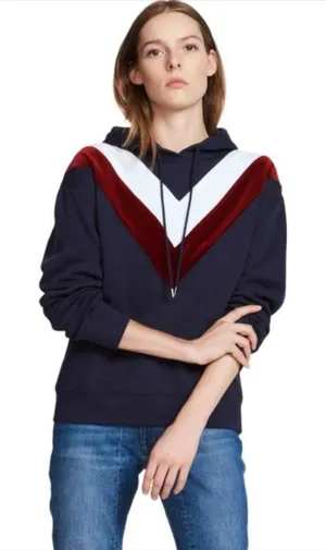 Sandro Paris Navy Velvet Chevron Hooded Sweatshirt Hoodie Small thumbnail 1
