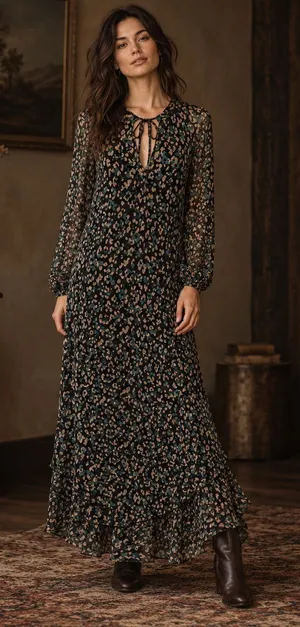 Tommy Hilfiger Maxi Dress 6 Dark Boho Y2K Whimsigoth Sheer Animal Print Tie Neck thumbnail 1