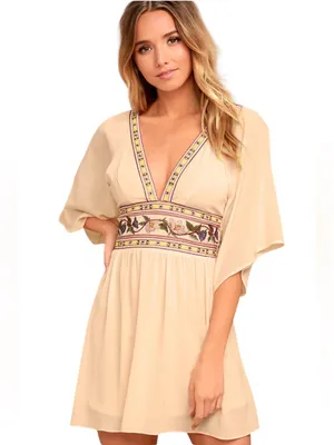 Lulus Reign Check Pale Peach Embroidered Dress Mini Boho Womens Medium NEW thumbnail 3