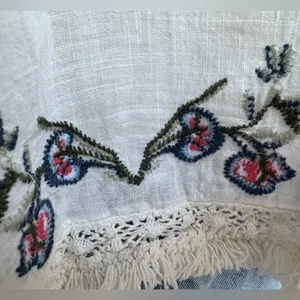 Boho floral Embroidered Cotton Tank Top Fringe Hem Tassel‎ Tie cream thumbnail 7