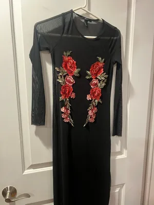 Forever 21 Black Maxi Dress with Red Floral Embroidery thumbnail 2