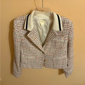 Anthropologie Maeve Pink & White Boucle Tweed Cropped Blazer thumbnail 4