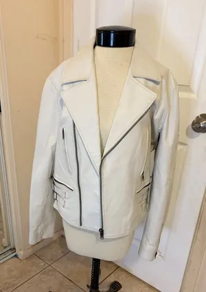 White Leather Moto Jacket with Asymmetric Zip thumbnail 1
