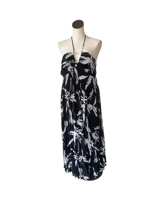 NWT White House Black Market halter Neck Pleated Maxi Dress Black White 4 thumbnail 7
