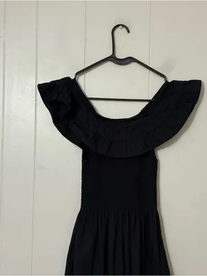 Hill House Home Akilah Nap Dress Black XXS Smocked Midi Off Shoulder Ruffle thumbnail 5