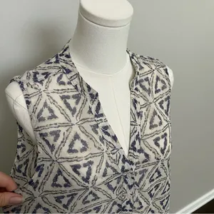 Lumière Top Tunic Sheer Split Neck Collar Lagenlook Geometric Blue Tan Ivory thumbnail 4