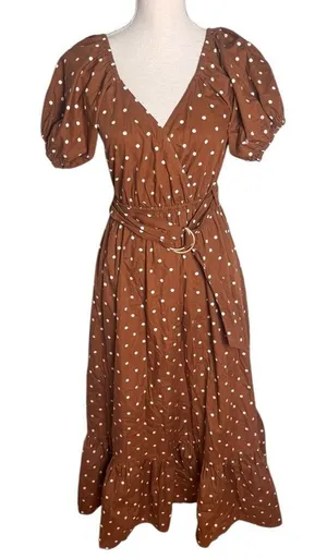Lusana Leeta Brown Polka Dot Puff sleeve Short Sleeve V-neck Maxi Dress 4 thumbnail 1