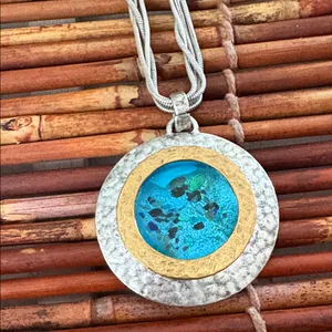 Chico's Silver and Gold Necklace with Blue Pendant 16”-20” thumbnail 4