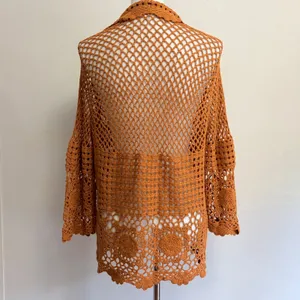 Cato Crochet Tunic Top L Rust Orange Cotton Open Knit Boho Vacation Festival thumbnail 5