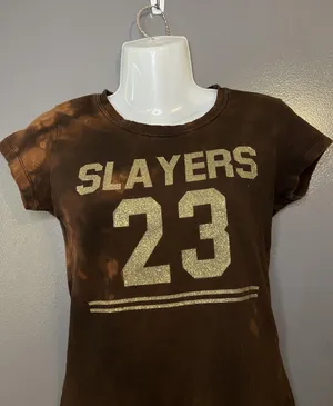 Source Unknown Slayers Shirt Womens Size XS Brown Bleach Dye Glitter 23 Graphic Tee Top thumbnail 1