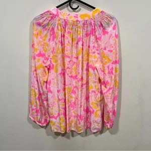 Lilly Pulitzer Large Elsa Ooh La La Pink Yellow Floral Silk Blouse Top Blouson thumbnail 3