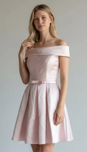 Handmade Off-Shoulder Taffeta Fit & Flare Dress in Light Pink thumbnail 1