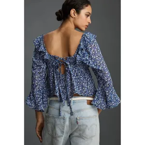 Anthropologie MAEVE Square Neck Sheer Babydoll Top Blue White Floral Large‎ thumbnail 8