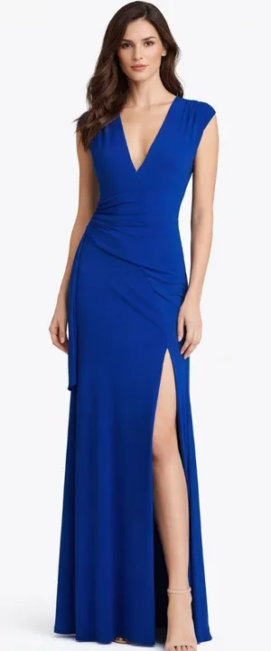 Betsy & Adam - Draped V-Neck Side Slit Gown‎ thumbnail 1