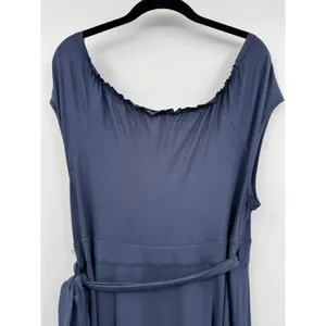 COTE FEMME Navy Blue Wrap Midi Dress Sz 14/16 V-Neck Sheer Trim Preppy Feminine thumbnail 5