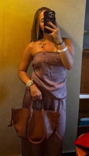 Amazon Dusty Purple Satin 2-Piece Set Strapless Backless Top and Wide Leg Pants thumbnail 6