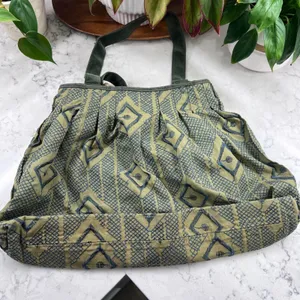 Boho Olive Green Geometric Woven Tote Bag with Beaded‎ Tassel Charm thumbnail 5