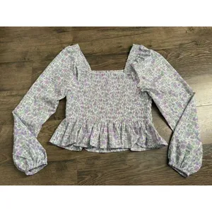 EUC Womens Japna smocked cropped floral ruffle puff sleeve size M‎ thumbnail 2