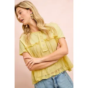 BiBi Solid Jersey With Lace Combo Ruffled Buttoned Top thumbnail 10