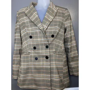 Marled Blazer Womens S Beige Plaid Double Breasted Lined Notch Lapel Jacket thumbnail 2