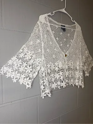 Vintage White Crochet Lace Cotton Cardigan Cover Up Women's XL Boho Cottagecore thumbnail 5