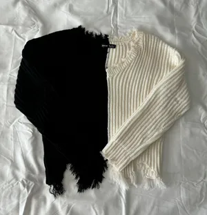 SheIn Black And White Open Knit Raw Cut Edge Sweater thumbnail 1