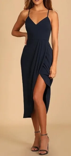 Lulus NWT Reinette Navy Blue Midi Dress Spaghetti Strap Wrap Front Slit Size XL thumbnail 1