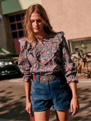 💕SEZANE💕 West Shirt Ranch Marine Multi-Color Paisley Floral Print FR 38 = US 6 thumbnail 7