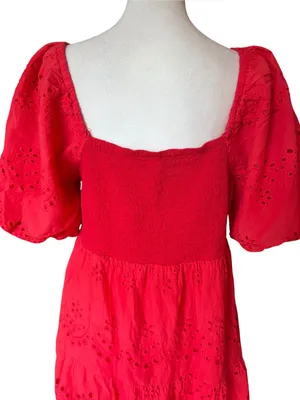 Cotton Maxi Dress Smocked Back Eyelet Puff Sleeve Coral Womens Large thumbnail 4