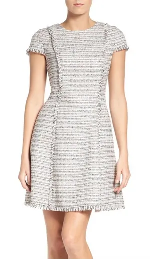 Eliza J Spring Tweed Fringe Hem Fit‎ Flare Dress White Pink Black Size 12 thumbnail 1
