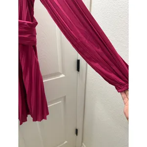 Aureta x Anthropologie Pleated Mini Dress‎ Magenta Pink V-Neck Balloon Sleeve M thumbnail 5