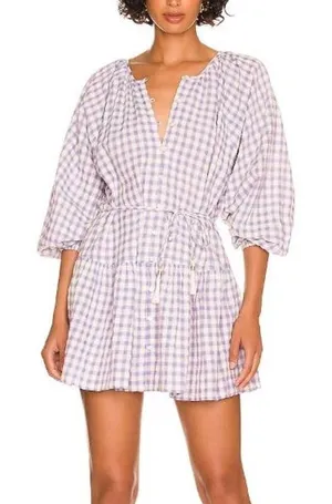 L Space Women Cotton Park Slope Gingham Vida Dress Medium Purple Tassel Tie thumbnail 1