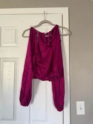 Veronica Beard Silk Blend Fuscia Berry Shoulder Cut Out Long Sleeve Blouse Top thumbnail 6