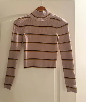 Pink Republic Ribbed Turtleneck Sweater in Light Pink with Brown & Gold Stripes thumbnail 1