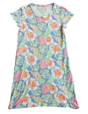 Vineyard Vines Womens Tropical Floral Seashell Cotton T-Shirt Dress Blue XS thumbnail 1