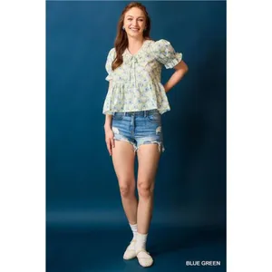 Umgee‎ Lace Detail Bow Print Flounce Sleeve Blouse thumbnail 4