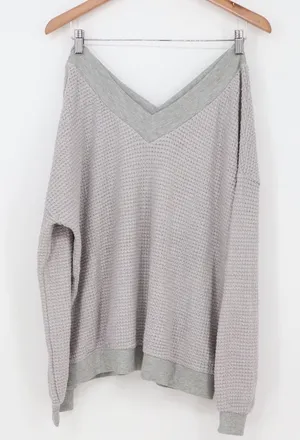 ADREAMLY Waffle Knit Top Womens Large Gray V-Neck Long Sleeve Relaxed Excellent thumbnail 1